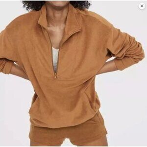 Aerie Women's Camel Terry Cloth Half Zip Oversized Sweatshirt Small